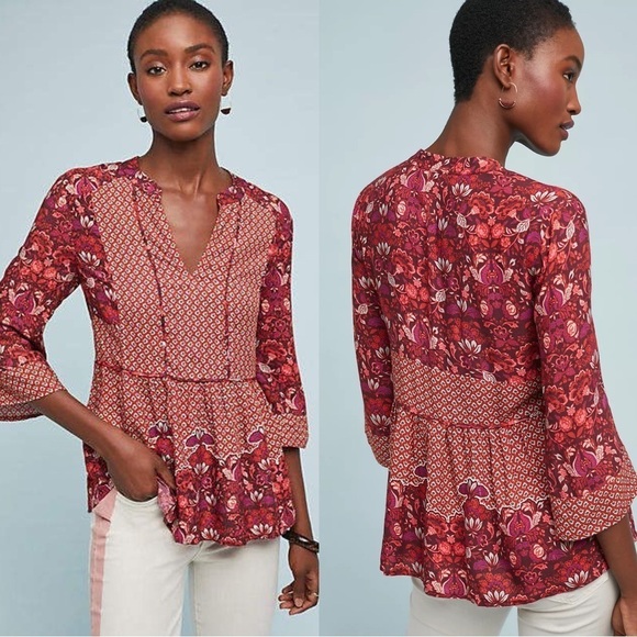 Anthropologie Ranna Gill Mabel Peasant Top Red Boho Small Cottagecore Flowy - Picture 1 of 9